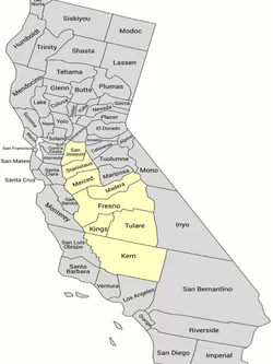 Map of California by Counties. San Joaquin, Stanislaus, Merced, Madera, Fresno, Kings, Tulare, and Kern Counties are highlighted yellow.